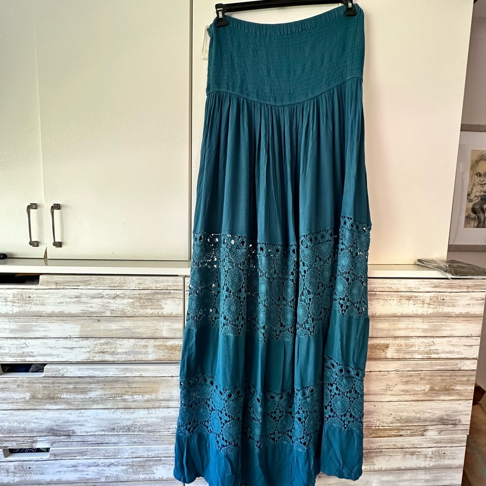 🩵 Chelsea28 Teal Strapless Maxi Dress XL Crochet Lace Swim Coverup